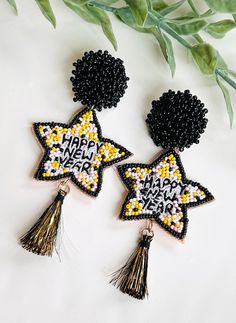 HAPPY NEW YEAR Bead Tassel Earrings  Lightweight  Hypoallergenic  Nickel Free Posts Arrives in Gift Box Fast shipping New Years Eve Earrings, Earrings Bead, Beaded Tassel Earrings, Earrings Christmas, Party Earrings, Free Post, Earrings Black, Eve Parties, Black Earrings