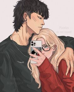 two people that are hugging each other and one is taking a selfie with his phone