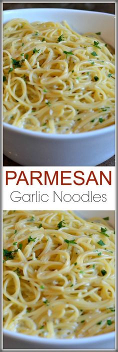 two pictures of pasta with parmesan and garlic noodles