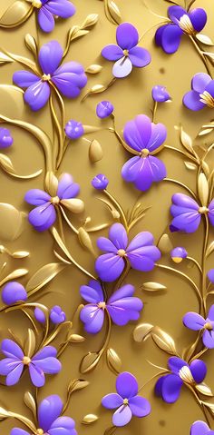 purple flowers on a gold background with golden leaves