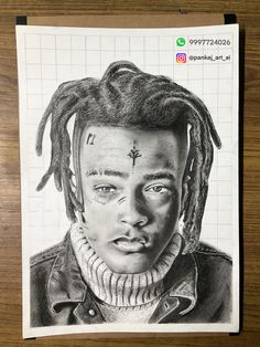 a pencil drawing of a man with dreadlocks on his head and crossbones