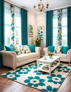 a living room filled with furniture and blue curtains