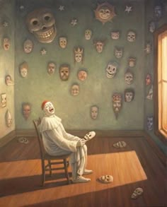 a painting of a person sitting on a chair in front of a wall full of skulls