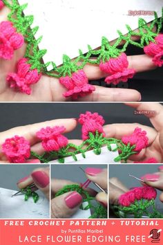 the crochet flower is being worked on by someone with pink nail polishes