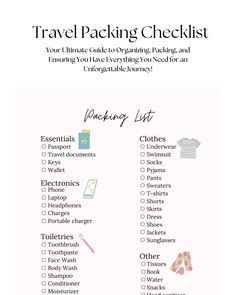 the travel packing checklist is shown in pink and white, with text overlaying it