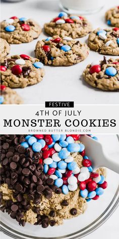 monster cookies with red, white and blue sprinkles are on a plate