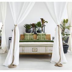 a bed with white drapes and pillows on top of it in front of potted plants