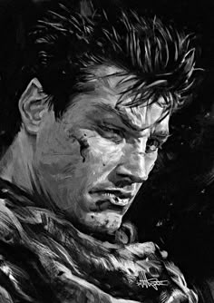 a black and white drawing of a man with blood on his face, looking at the camera