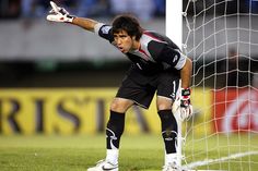 a soccer goalie is ready to kick the ball