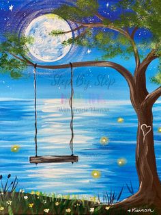 a painting of a tree with a swing hanging from it's branches, and the moon