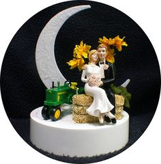 a wedding cake topper with a bride and groom sitting on a hay bale