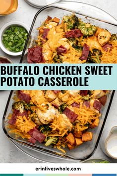 this buffalo chicken sweet potato casserole is loaded with cheese and broccoli