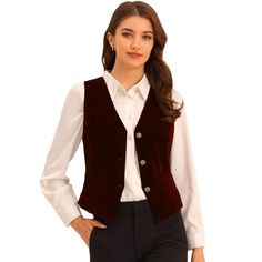 Matched with blazer outwear adding an urban edge, matched shirts for the professional look, paired with leather jeans for a western or county look, or just over a big poet-type shirt for the Renaissance Faire, a great accessory for a pirate, renaissance medieval, or theatrical costume. This vest can always bring you a surprise for the whole year. It is suitable for many occasions, such as work, business, daily wear, shopping, and more. Waistcoat Pattern, Women's Waistcoat, V Neck Vest, Womens Waistcoat, Velvet Vest, Burgundy Velvet, Velvet Blouses, Vintage Vest, Graduation Celebration