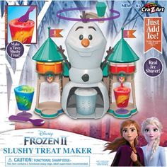 the frozen queen slushy treat maker is shown in front of an advertisement for disney's frozen world