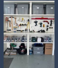 the shelves are filled with tools and supplies