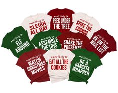 Funny Family Christmas Shirts are a must have for the 2022 holiday season. These Funny Christmas shirts come in a variety of phrases so the whole family can get matching Christmas shirts with these Most Likely To phrases. Christmas Group Shirts will make your Christmas party or Christmas day extra fun. WHITE TEXT is used for ALL COLORED Shirts HOW TO ORDER 1. Select your quantity of the first color/design/size and click "ADD TO CART"  2. Repeat to add in other shirt styles/sizes. 3. Check your shipping address to make sure it's correct 4. Complete checkout SHIRT SIZING INFO This listing is for UNISEX tshirts. Listing photos contain the measurements for the tank tops and the unisex shirts.  Double-check your measurements to make sure you order the proper size all since we do not offer retur Most Likely Too Christmas Shirts, Christmas Tshirts For Family, Christmas Pj Shirt Ideas, Family Christmas Shirts Vinyl, Matching Christmas Tshirts, Most Likely To Shirts, Cream Shirts, Christmas Shirts Vinyl, Christmas Pajamas Family