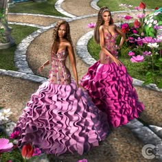 two beautiful young women in dresses walking down a path with flowers on either side of them