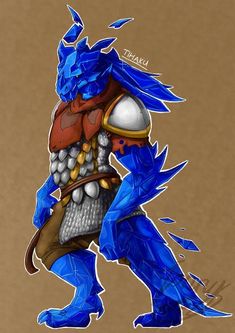 a drawing of a person with blue hair and armor