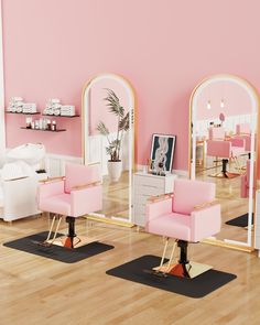 a salon with pink chairs and mirrors on the floor, in front of a pink wall