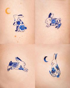 four different pictures of tattoos on the back of someone's stomach, each with an image of a rabbit and flowers