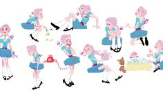 an image of a woman doing different things in various poses and positions on her cell phone