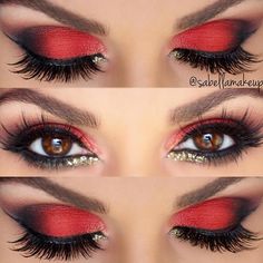 36 Sexy Makeup Looks For Brown Eyes Red And Black Makeup, Red Smokey Eye, Golden Eye Makeup, Devil Makeup, Red Eye Makeup, Gold Eye Makeup, Red Dress Makeup, Red Eyeshadow, Eye Makeup Pictures