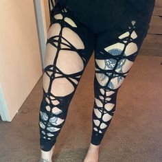 Super Cute & Comfortable Weaved Leggings Black Stretch Pants For Festival, Edgy Black Leggings For Festival, Black Stretch Leggings For Festivals, Festival Stretch Black Leggings, Black Stretch Festival Leggings, Diy Leggings, Lounge Pants Womens, Upcycle Shirt, Cut Clothes