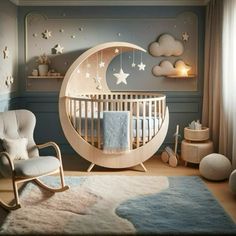 a baby's room with a crib, rocking chair and stars on the wall