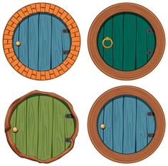 four wooden doors with rings on them in the shape of an oval hole or door