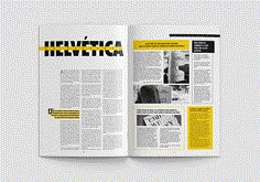 an open magazine with yellow and black text on it's page, which reads helvetica