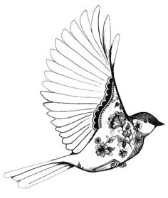 a black and white drawing of a bird with flowers on it's wings, flying