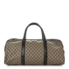 This is an authentic GUCCI GG Plus Duffle Bag in Brown. This stylish duffel is crafted of Gucci GG monogram coated canvas. The bag features rolled leather top handles with silver links and wrap-around strap detail. The top zipper opens to a brown fabric interior. Luxury Brown Duffle Bag With Leather Lining, Brown Duffle Bag For On-the-go, Classic Brown Duffle Bag For On-the-go, Brown Leather Duffle Bag For On-the-go, Luxury Leather-lined Duffle Bag For On-the-go, Gucci Travel, Gucci Monogram, Passport Case, Beauty Case