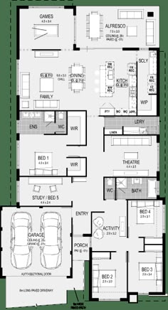 the floor plan for a two story house with three car garages and an attached living area