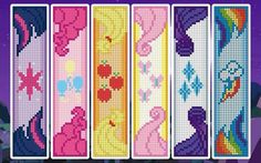 cross stitch bookmarks with different designs and colors on them, all in the same pattern