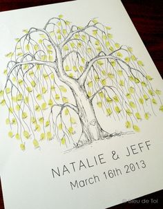 a drawing of a tree with yellow leaves on it and the date written in black ink