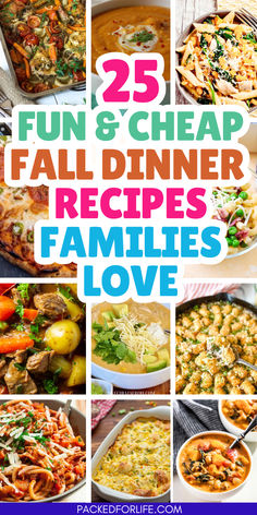 A colorful collage of hearty and comforting low-cost fall meals perfect for working moms, featuring dishes like soups, casseroles, and roasted vegetables & meat. Cheap Dinners For 5 People, Fall Meals For Family, Family Fall Recipes, Fall Season Dinner Recipes, Recipes For Quick Dinner, Cheap Fall Dinners For A Family, Budget Friendly Fall Meals, Recipes For Dinner Big Family