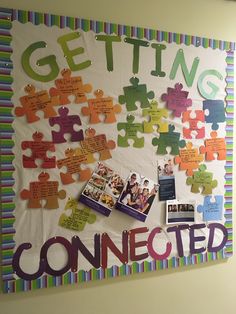 a bulletin board with pieces of puzzles and the words getting connected on it