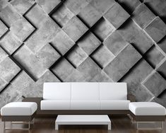 a modern living room with black and white wallpaper