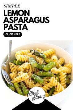 a white bowl filled with pasta and asparagus on top of a black and white background