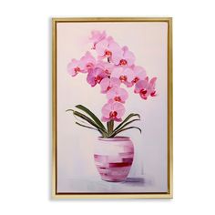 a painting of pink orchids in a striped vase on a white background with gold frame