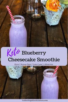 blueberry cheesecake smoothie in mason jars with strawberries and flowers on the table