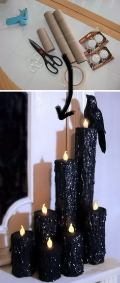 two pictures side by side with candles and scissors on the top one is made out of toilet paper