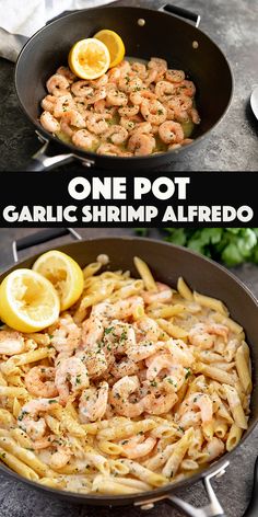 one pot garlic shrimp alfredo in a skillet with lemon wedges