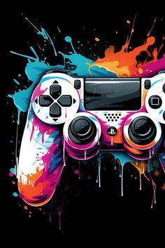 a colorful video game controller with paint splattered on it's side and the words,