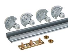 an assortment of metal parts for sliding doors