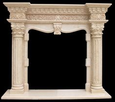 a white marble fireplace mantel with carvings on the top and sides, against a black background