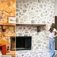 a woman standing next to a fireplace in a living room