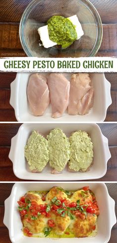 four different types of food are shown in separate dishes, with the words cheesey pesto baked chicken on top