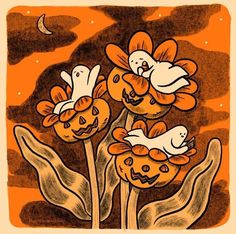 three orange flowers with white birds on them in front of an orange sky and moon