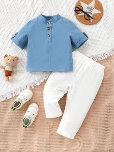 Blue  Collar   Colorblock,Plain  Embellished Non-Stretch  Baby Boys Clothing Top Pants Set, Casual Suit, Girls Pajamas, Boys Casual, Casual Sets, Shirt And Pants, Casual Top, Pants Outfit